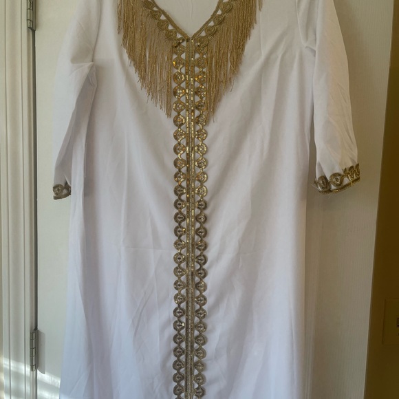 Source Unknown White Maxi Dress with Gold Fringe Trim - Picture 3 of 5
